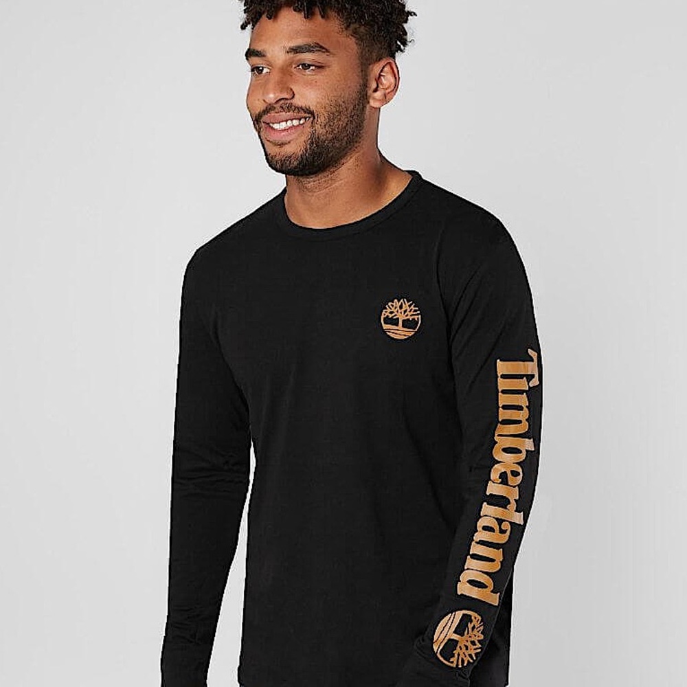 TIMBERLAND Men’s Sweatshirt (Size M) - Black and Gold Logo, 100% Cotton Tee